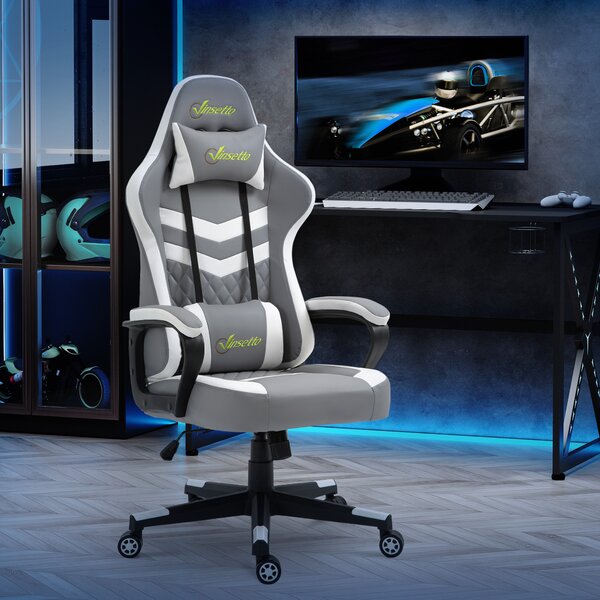 Vinsetto Ergonomic Gaming Chair with Lumbar Support, Adjustable Headrest and Swivel Wheels, PVC Leather, Cat Scratch Anti, Grey/White Aosom UK