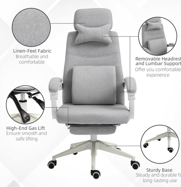 Vinsetto Ergonomic Desk Chair, High Back Fabric Office Chair with Reclining Backrest, Footrest, Neck and Lumbar Pillow, Grey Aosom UK