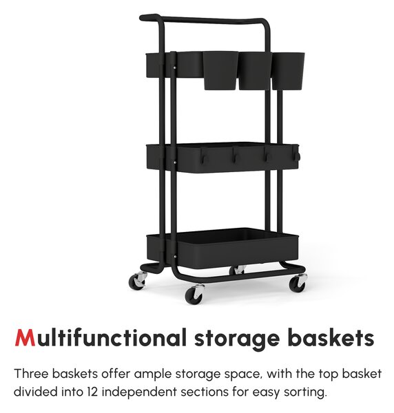 HOMCOM 3 Tier Utility Rolling Cart, Kitchen Cart with 3 Removable Mesh Baskets, 3 Hanging Box, 4 Hooks & Dividers for Living Room, Black Aosom UK