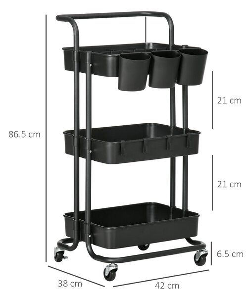 HOMCOM 3 Tier Utility Rolling Cart, Kitchen Cart with 3 Removable Mesh Baskets, 3 Hanging Box, 4 Hooks & Dividers for Living Room, Black Aosom UK