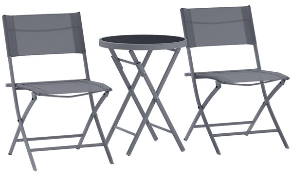 Outsunny 3 Pieces Outdoor Bistro Set, Glass Top Outdoor Table and 2 Folding Chairs with Protecting Feet, Grey
