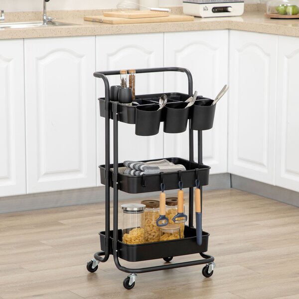 HOMCOM 3 Tier Utility Rolling Cart, Kitchen Cart with 3 Removable Mesh Baskets, 3 Hanging Box, 4 Hooks & Dividers for Living Room, Black Aosom UK