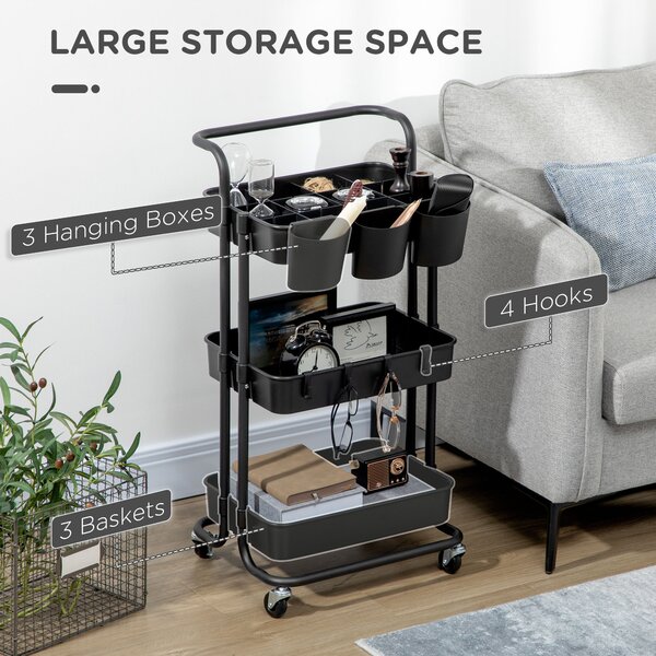 HOMCOM 3 Tier Utility Rolling Cart, Kitchen Cart with 3 Removable Mesh Baskets, 3 Hanging Box, 4 Hooks & Dividers for Living Room, Black Aosom UK