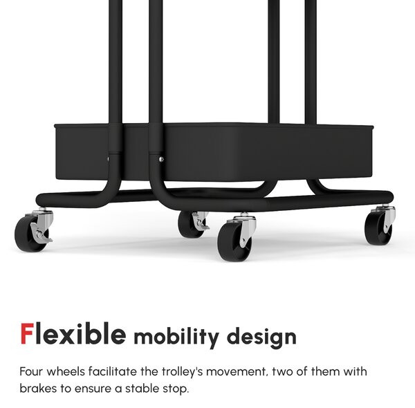 HOMCOM 3 Tier Utility Rolling Cart, Kitchen Cart with 3 Removable Mesh Baskets, 3 Hanging Box, 4 Hooks & Dividers for Living Room, Black Aosom UK