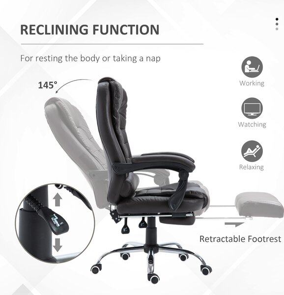 HOMCOM PU Leather Executive Office Chair, High Back Swivel Chair with Retractable Footrest, Adjustable Height, Reclining Function, Brown Aosom UK