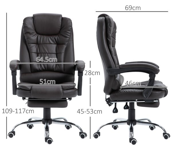 HOMCOM PU Leather Executive Office Chair, High Back Swivel Chair with Retractable Footrest, Adjustable Height, Reclining Function, Brown Aosom UK