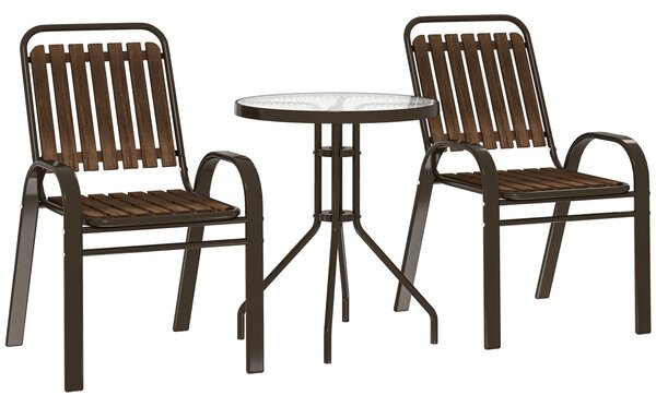 Outsunny 3 Pieces Patio Bistro Set with Stackable Chairs, Tempered Glass Table, for Outdoor, Balcony, Patio, Garden, Dark Brown