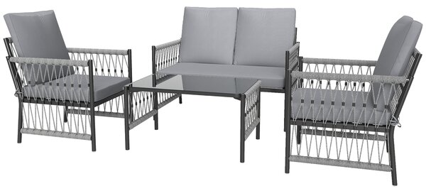 Outsunny 4 Piece Rattan Garden Furniture Set, 4 Seater Wicker Patio Conversation Set with 2 Armchairs, Loveseat, Glass Top Coffee Table and Cushions for Outdoor, Balcony, Grey