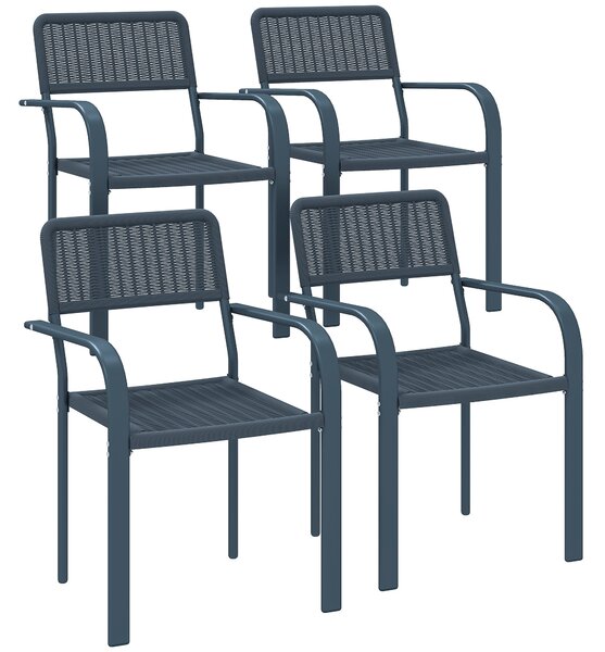 Outsunny Garden Chairs Set of 4, Stackable Rattan Effect Dining Chairs with Armrest, Weather Resistant and Lightweight Outdoor Furniture Armchairs for Patio, Balcony, Terrace, Dark Grey