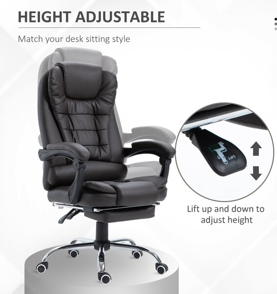 HOMCOM PU Leather Executive Office Chair, High Back Swivel Chair with Retractable Footrest, Adjustable Height, Reclining Function, Brown Aosom UK