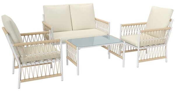 Outsunny 4 Piece Rattan Garden Furniture Set, 4 Seater Wicker Patio Conversation Set with 2 Armchairs, Loveseat, Glass Top Coffee Table and Cushions for Outdoor, Balcony, Khaki