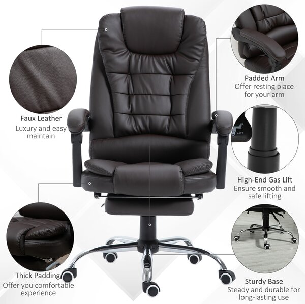 HOMCOM PU Leather Executive Office Chair, High Back Swivel Chair with Retractable Footrest, Adjustable Height, Reclining Function, Brown Aosom UK