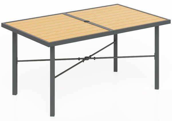 Outsunny Garden Table for 6, Outdoor Dining Table with 5cm Umbrella Hole, Wood Effect Top, Rust Resistant Frame, for Patio, Balcony, Terrace, 150 x 90 cm