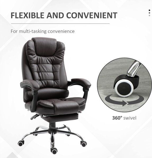 HOMCOM PU Leather Executive Office Chair, High Back Swivel Chair with Retractable Footrest, Adjustable Height, Reclining Function, Brown Aosom UK
