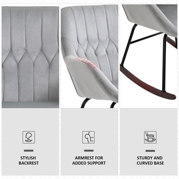 HOMCOM Rocking Chair Reading Accent Armchair with Steel Frame Sponge Padded for Living Room, Dining Room, Office, Balcony, Grey and Black Aosom UK