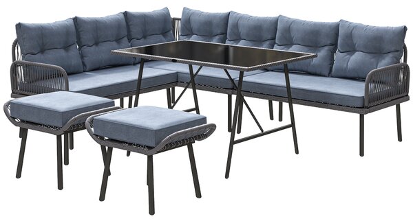 Outsunny 6 Piece Rattan Garden Furniture Set, 8 Seater Garden Corner Sofa with Cushions and Glass Top Table, Sectional Outdoor Furniture Conservatory Set for Patio, Charcoal Grey