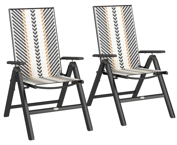 Outsunny Outdoor Rattan Folding Chair with 5-Position Adjustable Backrest, Wicker Garden Dining Chair with Wide Armrest, Set of 2 for Patio, Terrace, Balcony, Black