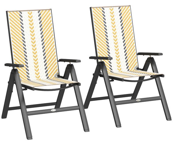 Outsunny Outdoor Rattan Folding Chair with 5-Position Adjustable Backrest, Wicker Garden Dining Chair with Wide Armrest, Set of 2 for Patio, Terrace, Balcony, Orange