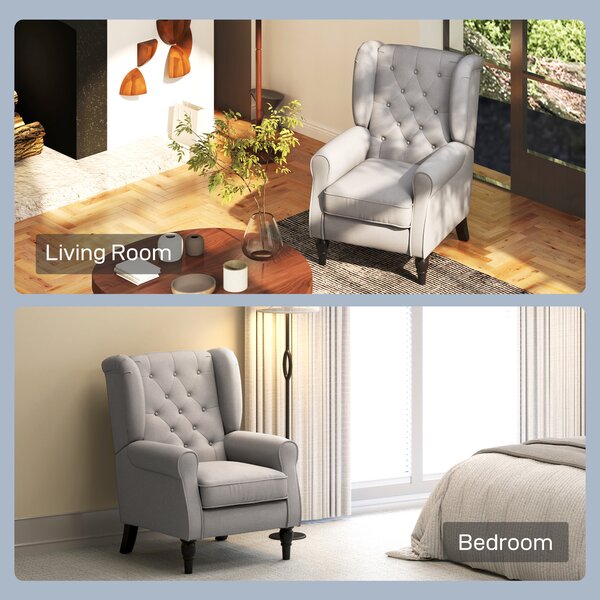 HOMCOM Wingback Armchair, Retro Accent Chair with Wooden Frame, Button Tufted, for Lounge or Bedroom, Grey Aosom UK