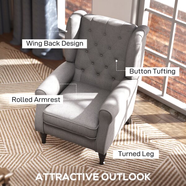 HOMCOM Wingback Armchair, Retro Accent Chair with Wooden Frame, Button Tufted, for Lounge or Bedroom, Grey Aosom UK