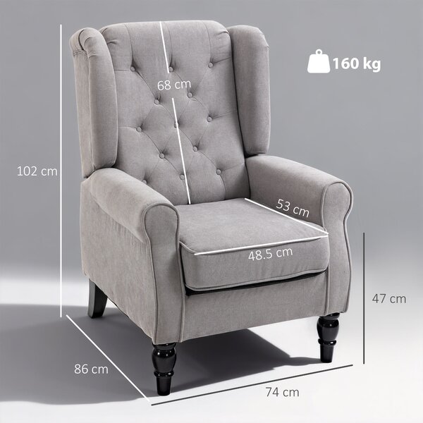 HOMCOM Wingback Armchair, Retro Accent Chair with Wooden Frame, Button Tufted, for Lounge or Bedroom, Grey Aosom UK