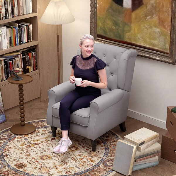 HOMCOM Wingback Armchair, Retro Accent Chair with Wooden Frame, Button Tufted, for Lounge or Bedroom, Grey Aosom UK
