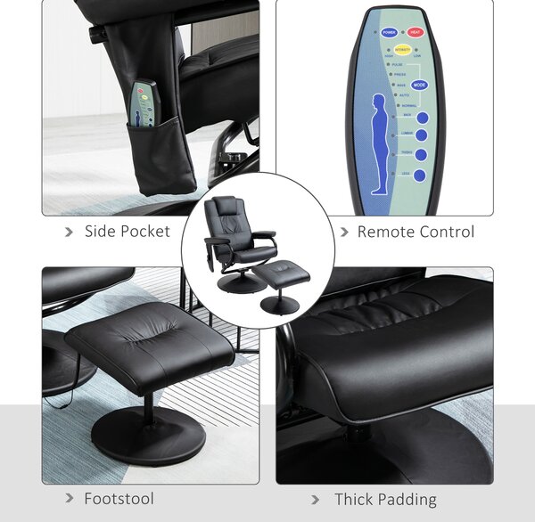 HOMCOM Manual Sofa Reclining Armchair PU Leather Massage Recliner Chair and Ottoman, Black