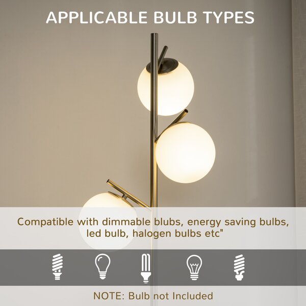 HOMCOM 3-Light Tree Floor Lamps for Living Room, Modern Standing Lamp for Bedroom with Globe Lampshade, Steel Base, (Bulb not Included), Silver