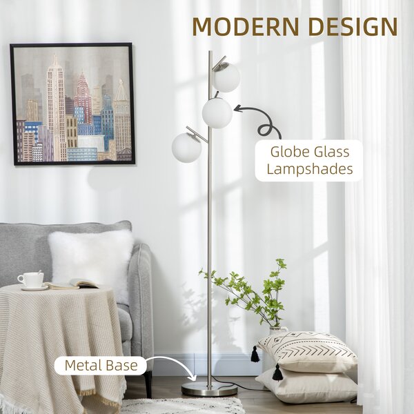 HOMCOM 3-Light Tree Floor Lamps for Living Room, Modern Standing Lamp for Bedroom with Globe Lampshade, Steel Base, (Bulb not Included), Silver