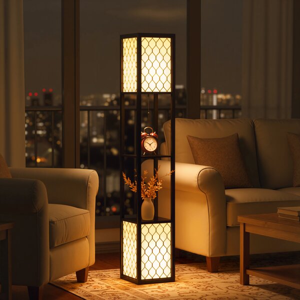 HOMCOM Floor Lamp w/ Shelves, Dual Light, Modern Tall Standing Lamps for Living Room, Bedroom, w/ Pull Chain Switch (Bulb not Included) Aosom UK