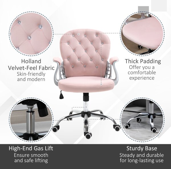 Vinsetto Ergonomic Desk Chair 360° Swivel Diamond Tufted Home Work Velour Padded Base 5 Castor Wheels, Pink Aosom UK
