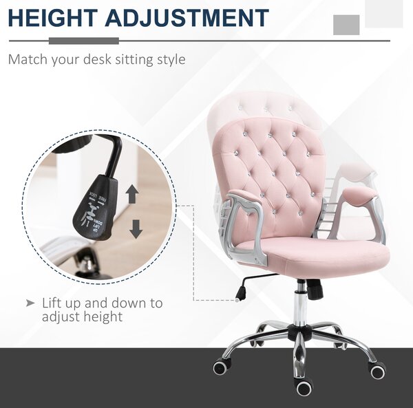 Vinsetto Ergonomic Desk Chair 360° Swivel Diamond Tufted Home Work Velour Padded Base 5 Castor Wheels, Pink Aosom UK