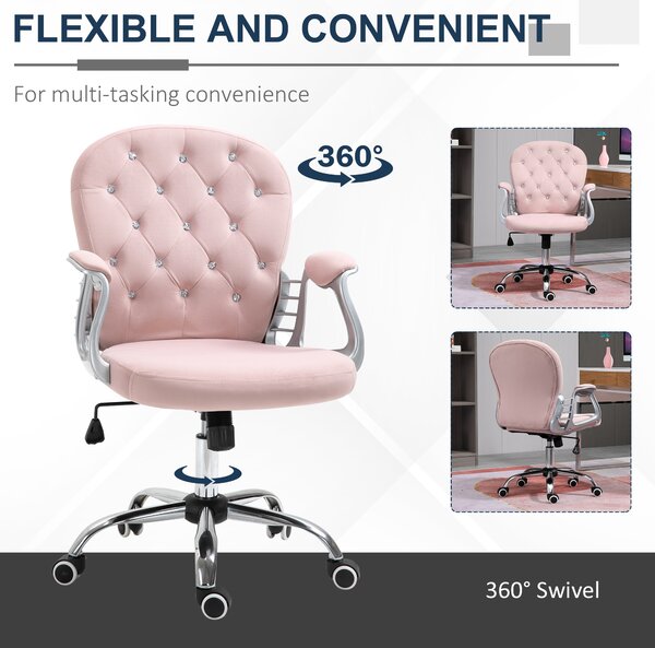 Vinsetto Ergonomic Desk Chair 360° Swivel Diamond Tufted Home Work Velour Padded Base 5 Castor Wheels, Pink Aosom UK