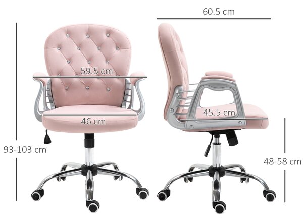 Vinsetto Ergonomic Desk Chair 360° Swivel Diamond Tufted Home Work Velour Padded Base 5 Castor Wheels, Pink Aosom UK