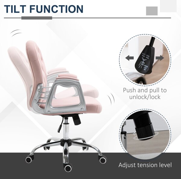 Vinsetto Ergonomic Desk Chair 360° Swivel Diamond Tufted Home Work Velour Padded Base 5 Castor Wheels, Pink Aosom UK