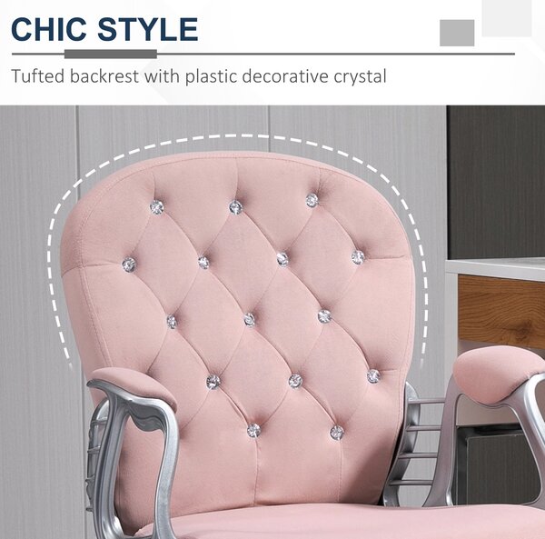 Vinsetto Ergonomic Desk Chair 360° Swivel Diamond Tufted Home Work Velour Padded Base 5 Castor Wheels, Pink Aosom UK