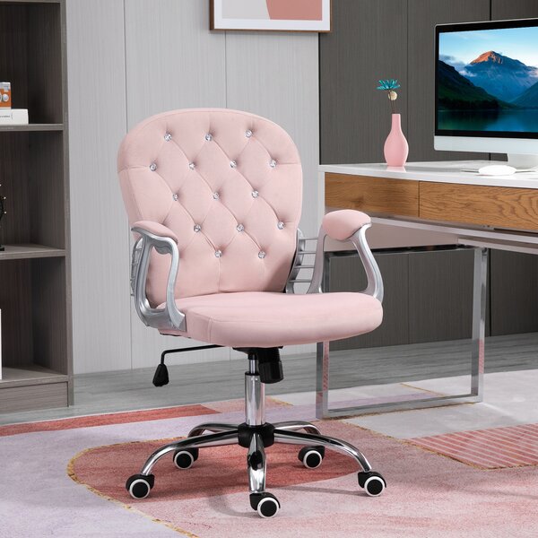 Vinsetto Ergonomic Desk Chair 360° Swivel Diamond Tufted Home Work Velour Padded Base 5 Castor Wheels, Pink Aosom UK