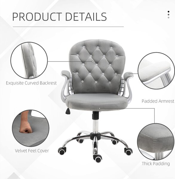 Vinsetto Ergonomic Office Chair with Diamond Tufted, Velour Padded, 5 Castor Wheels, 360° Swivel Ergonomic Desk Chair, Grey Aosom UK