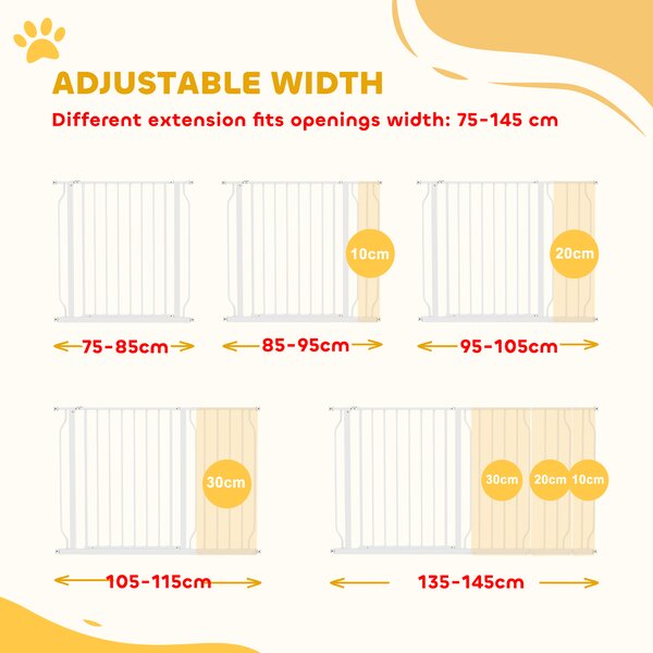 PawHut Dog Gate for Stairs Dog Gate Pet Gate with Openable Metal Frame, for Doorways, Corridors, Staircases, 75-145cm, White Aosom UK