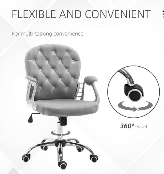 Vinsetto Ergonomic Office Chair with Diamond Tufted, Velour Padded, 5 Castor Wheels, 360° Swivel Ergonomic Desk Chair, Grey Aosom UK