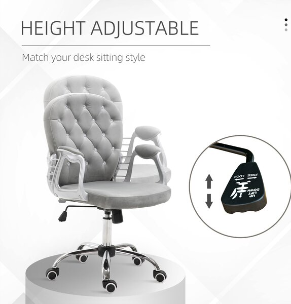 Vinsetto Ergonomic Office Chair with Diamond Tufted, Velour Padded, 5 Castor Wheels, 360° Swivel Ergonomic Desk Chair, Grey Aosom UK