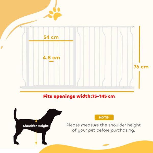 PawHut Dog Gate for Stairs Dog Gate Pet Gate with Openable Metal Frame, for Doorways, Corridors, Staircases, 75-145cm, White Aosom UK