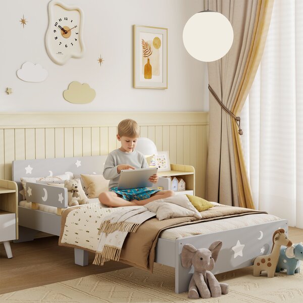 ZONEKIZ Kids Toddler Bed with Star & Moon Patterns, Safety Side Rails Slats, Kids Bedroom Furniture for 3-6 Years Old, Grey, 143 x 76 x 49 cm