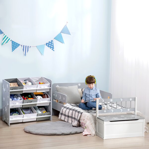 ZONEKIZ 3-Tier Storage Rack Toy Storage Organizer with 9 Removable Bins & Smooth Edges, for Playroom, Nursery and Kids Room, Grey Aosom UK