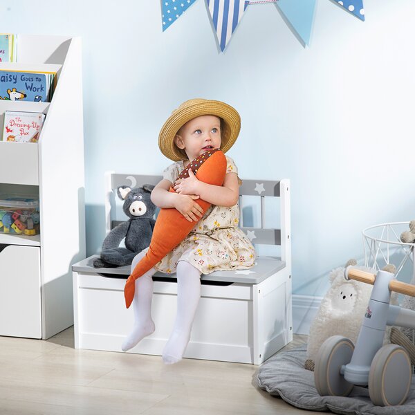 ZONEKIZ 2-IN-1 Wooden Toy Box, Kids Storage Bench Toy Chest with Safety Pneumatic Rod, Star & Moon Pattern, Grey Aosom UK