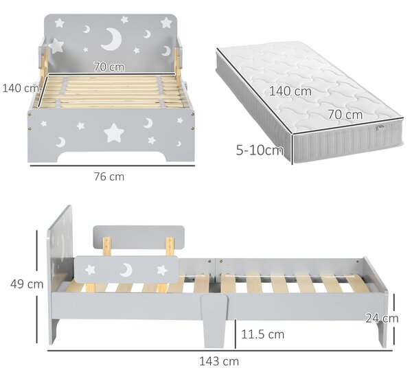 ZONEKIZ Kids Toddler Bed with Star & Moon Patterns, Safety Side Rails Slats, Kids Bedroom Furniture for 3-6 Years Old, Grey, 143 x 76 x 49 cm