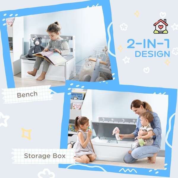 ZONEKIZ 2-IN-1 Wooden Toy Box, Kids Storage Bench Toy Chest with Safety Pneumatic Rod, Star & Moon Pattern, Grey Aosom UK