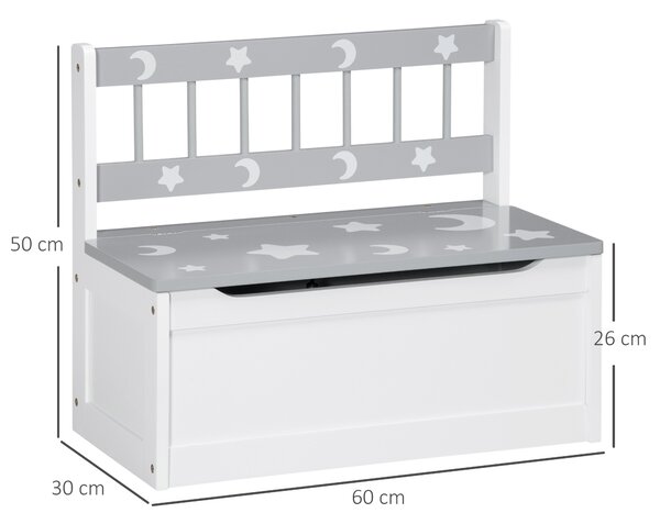 ZONEKIZ 2-IN-1 Wooden Toy Box, Kids Storage Bench Toy Chest with Safety Pneumatic Rod, Star & Moon Pattern, Grey Aosom UK