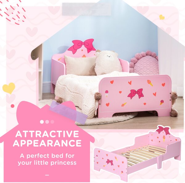 ZONEKIZ Princess-Themed Toddler Bed with Safety Side Rails and Slats, Cute Patterns, Kids Bedroom Furniture, Pink, 143 x 74 x 59 cm Aosom UK