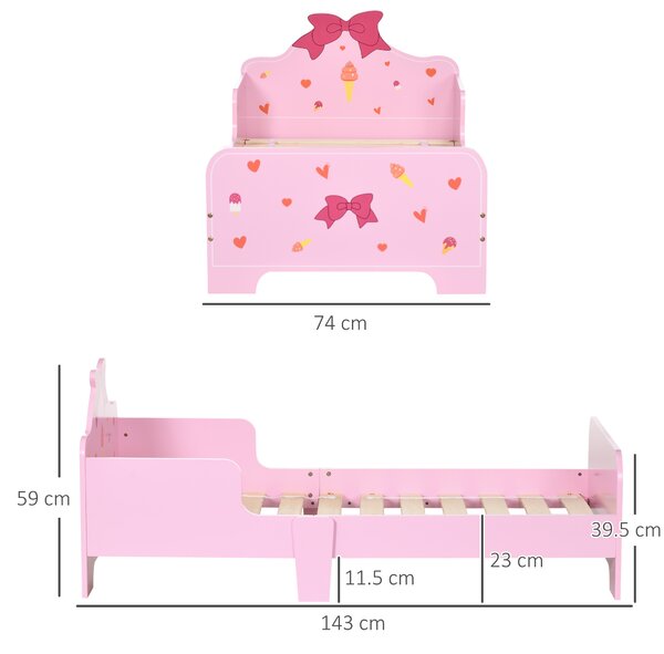 ZONEKIZ Princess-Themed Toddler Bed with Safety Side Rails and Slats, Cute Patterns, Kids Bedroom Furniture, Pink, 143 x 74 x 59 cm Aosom UK